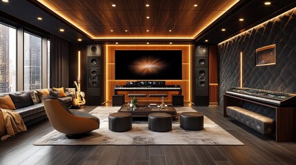 Modern home theater with large screen, comfortable seating, and a sound system.