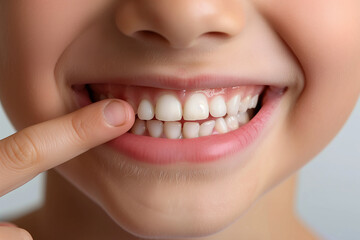Obraz premium Close-up of smiling boy's mouth with finger pointing at teeth, healthy teeth