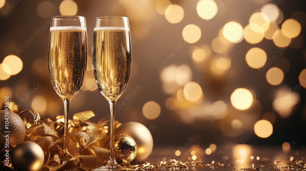 Poster two champagne flutes filled with sparkling champagne sit on a table surrounded by gold ornaments. th