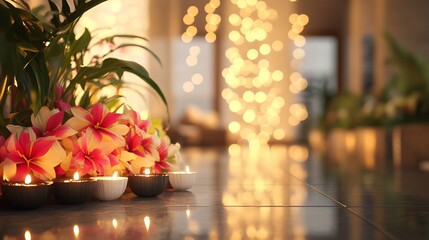 Elegant lobby of a real estate firm decorated for Diwali with flowers, lights, and diyas