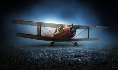 Naklejka premium A dark, haunting scene of an old, plane at night, surrounded by fog and shadows