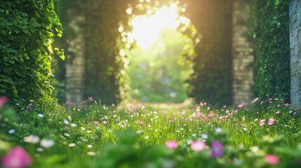 Obraz premium An overgrown park filled with wildflowers and sunlight creating a serene atmosphere for relaxation and exploration