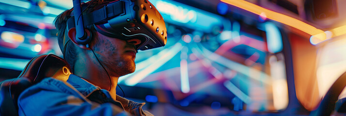 Young man playing virtual reality driving game with vr in the game room.