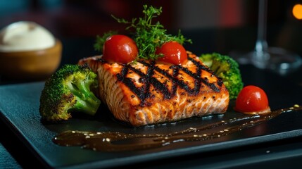 British-style grilled salmon with broccoli and tomatoes on a black plate