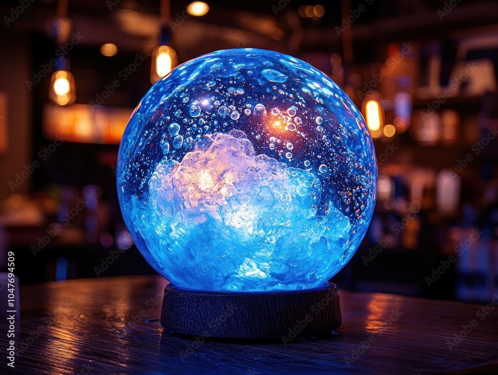 Aufkleber illuminated glass sphere with ice and bubbles on a tabletop
