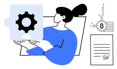 Woman holding a puzzle piece with a gear icon. Bitcoin symbol with circuit background and a document with a signature. Ideal for business, cryptocurrency, innovation, technology, problem-solving