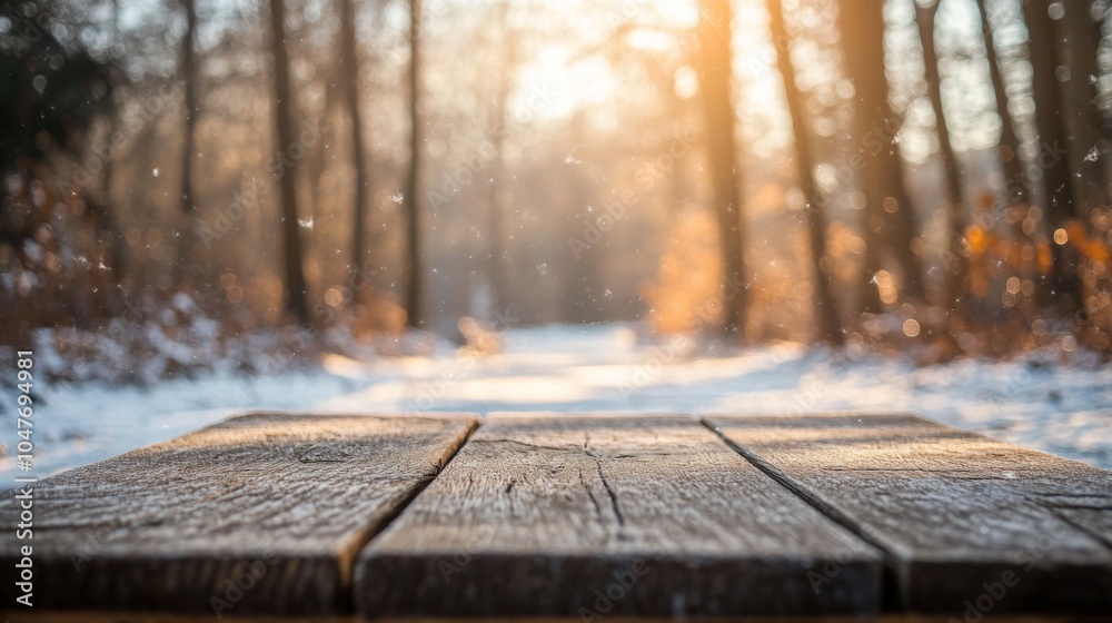 Poster the forest captures a tranquil winter morning, where soft sunlight shines through tall trees dusted 
