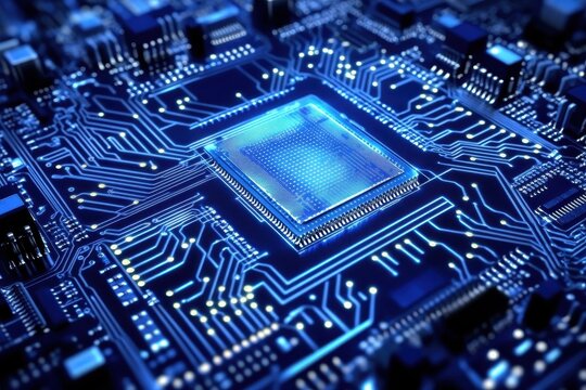 Close-up of a circuit board with a glowing chip.