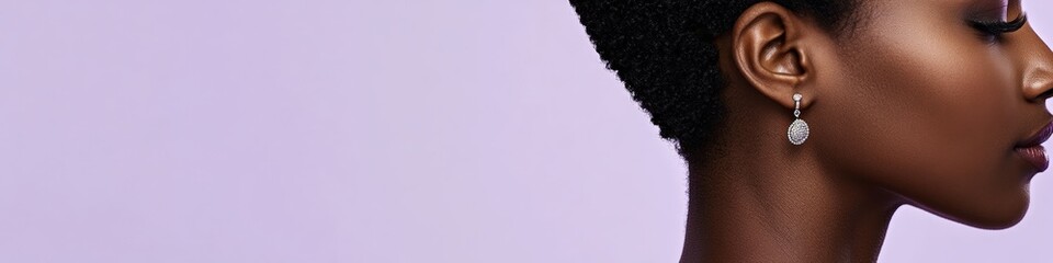 Banner with copy space. Close-up of a young woman wearing diamond earrings, highlighting modern jewelry design against a purple backdrop with ample copy space