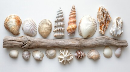 Minimalist Coastal Art with Driftwood and Seashells - High-Resolution Image for Nature-Inspired and Beach-Themed Designs