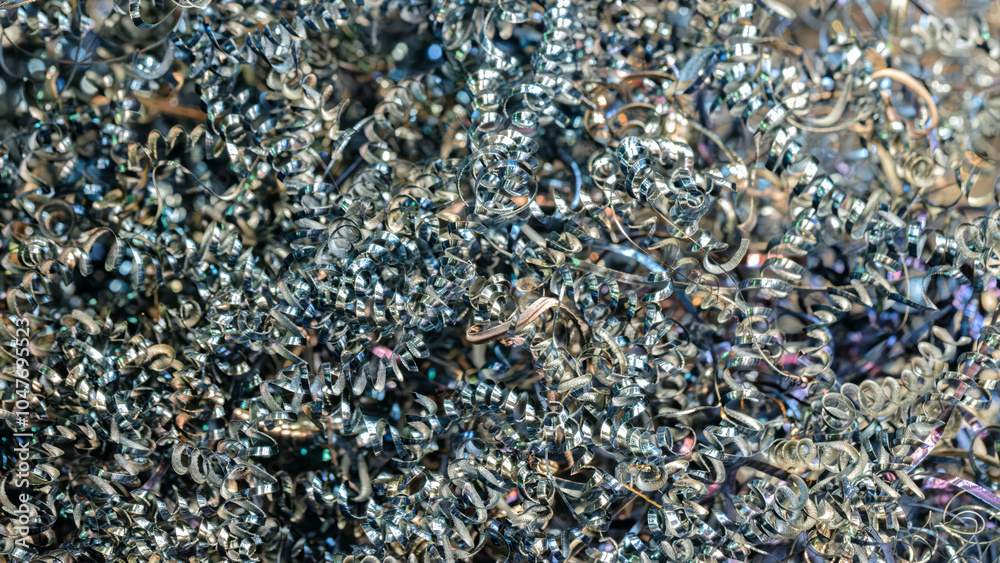 Poster a pile of metal shavings with a metallic sheen. the shavings are scattered and appear to be from a g