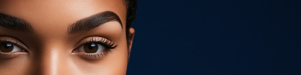 Obraz premium Banner. Close-up of a woman with perfect eyebrows makeup, showcasing beauty and cosmetics on a dark blue background with copy space