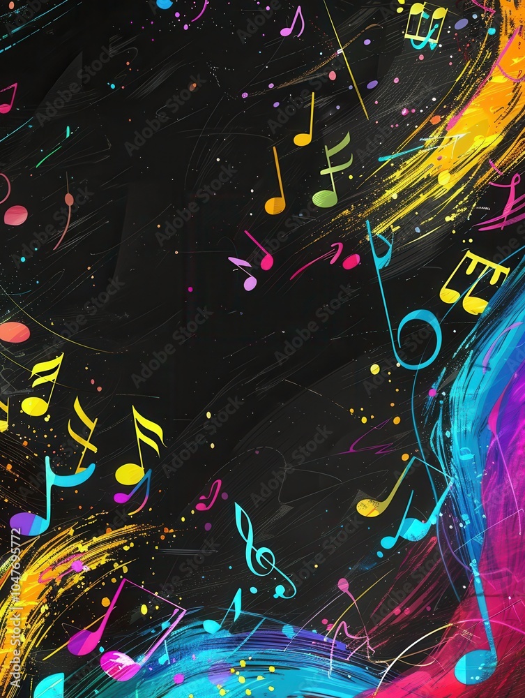 Poster bright brushstrokes and musical symbols blend together on a chalkboard, showcasing artistic expressi