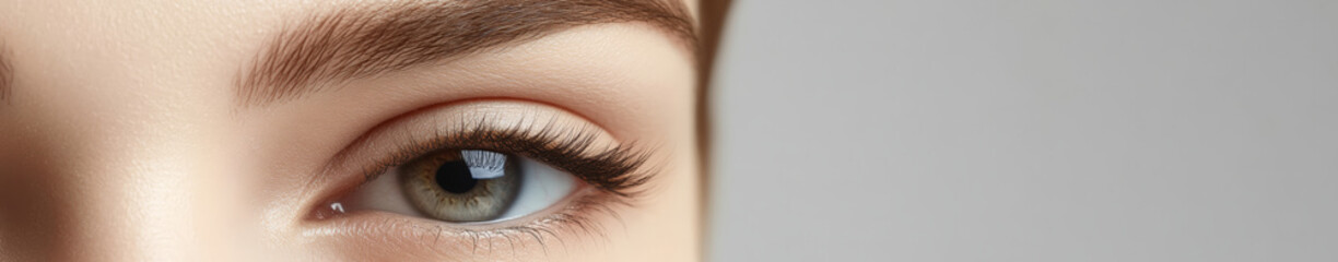 Banner. Macro shot of female eye with long lashes, highlighting health, beauty, and cosmetics with copy space