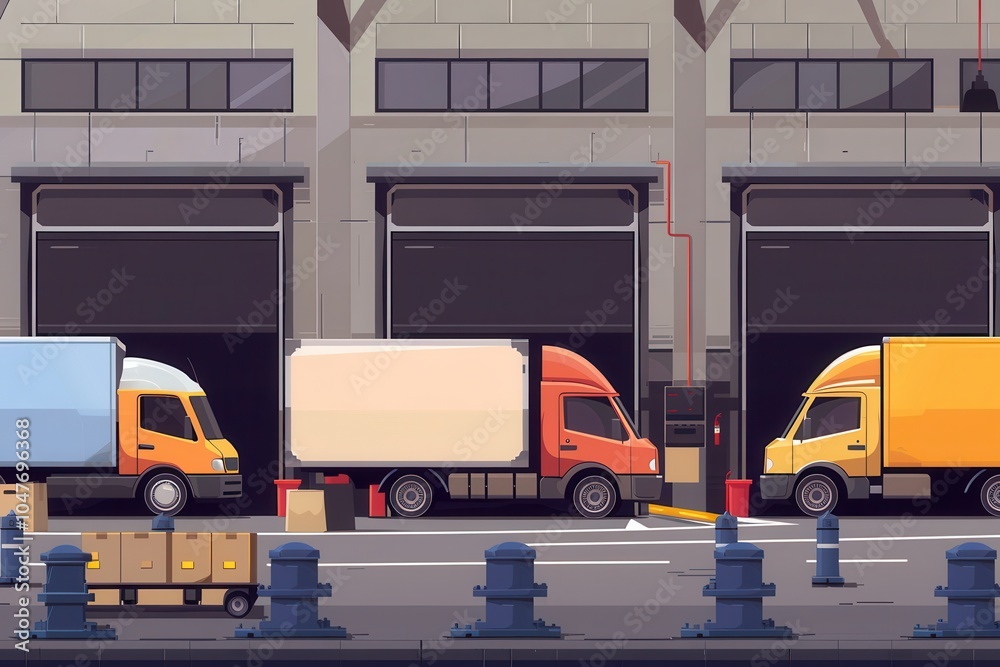 Aufkleber Several trucks and vans await their turn at the warehouse, preparing for loading and unloading of goods in broad daylight. Generative AI