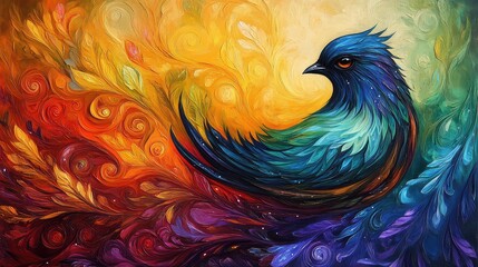 Obraz premium Vibrant Abstract Art of Bird with Colorful Swirling Feathers in Surreal Style