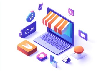 Laptop with a digital storefront and various icons, representing online shopping.