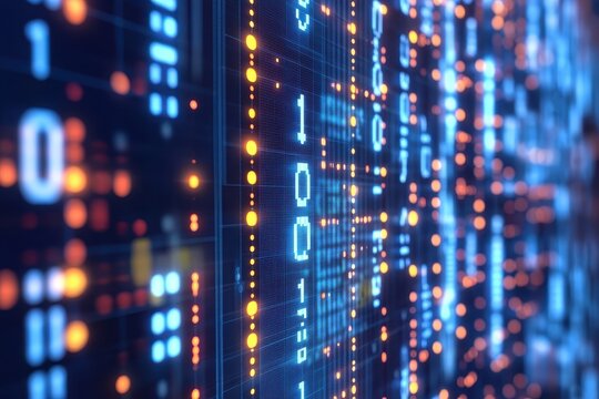 Abstract digital background with binary code and glowing lights.