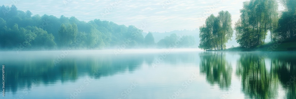 Poster the tranquil lake is enveloped in soft mist, with lush trees mirrored in the serene waters under the