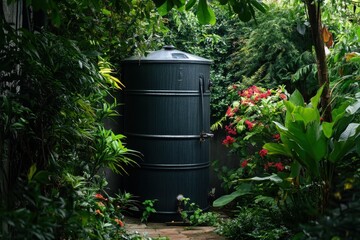 A large black rain barrel sits in a lush tropical garden.
