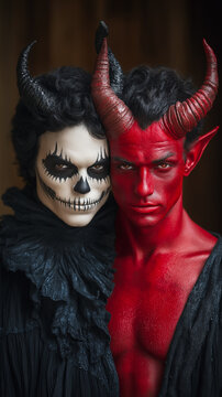 Sinister elegance meets seductive power &mdash; two horned devils locked in a darkly glamorous spell. Their gaze dares, their presence dominates. A Halloween vision where beauty and evil walk hand in hand.