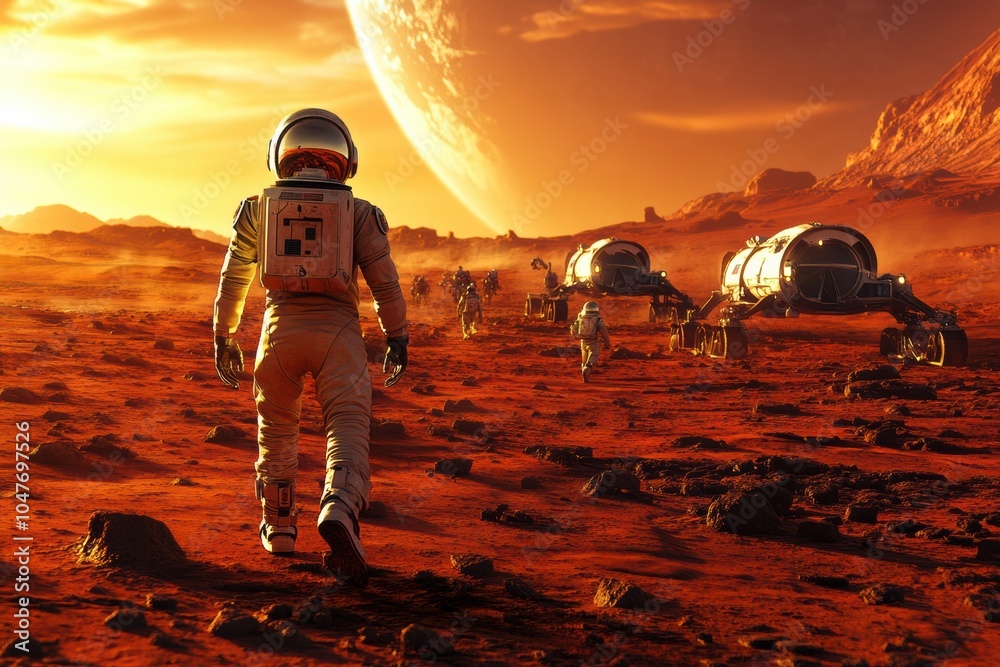 Aufkleber Astronauts walk across the red terrain of Mars, working alongside rovers under a stunning sunset with a distant planet visible in the sky. Generative AI