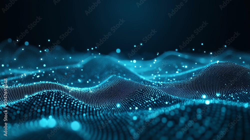 Poster three-dimensional rendering of abstract background with dots and lines interacting. wave of musical 