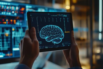 Person using an EEG sensor to monitor brain activity in a modern lab setting with advanced technology