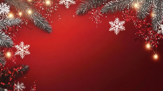 Christmas background with snowflakes and festive lights on red