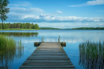 A wooden jetty extends into a tranquil lake under partly cloudy skies, encapsulating solitude and natural beauty.