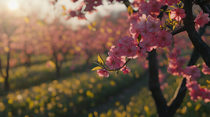 Obraz premium Blossoming cherry trees in a serene orchard during golden hour under soft sunlight