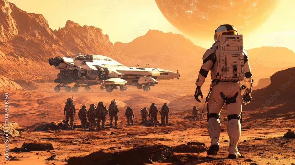 Aufkleber An astronaut wearing a spacesuit gazes at a spaceship landing near a group of explorers on a red, rocky landscape during dusk. Generative AI