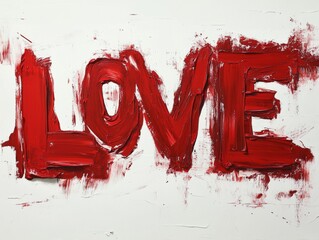 Bold red artistic representation of the word love on a textured white background, showcasing vibrant creativity and emotional expression