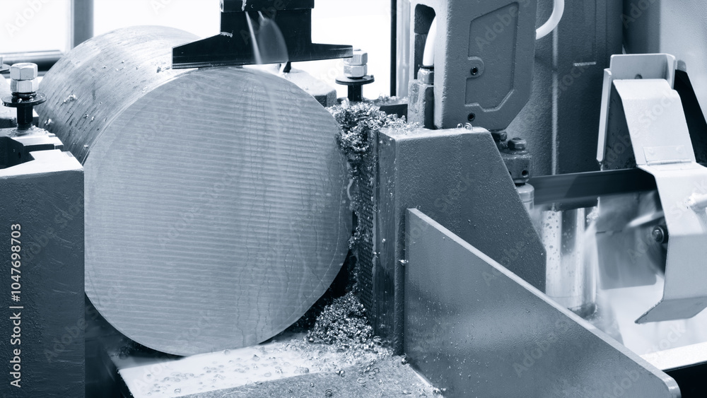 Aufkleber a machine is cutting a metal object. the machine is black and silver. the object being cut is round,
