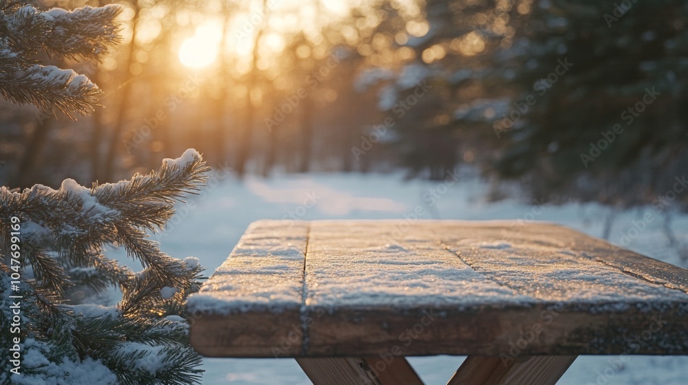 Aufkleber snow covers a rustic wooden table in a serene winter landscape, bathed in the warm light of a settin