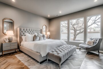A beautiful bedroom in a new luxury home featuring a large window and an area rug