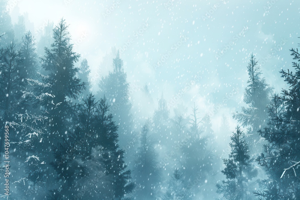 Leinwandbilder Tall pine trees blanket the forest in fresh snow as soft flakes cascade gently through the air, creating a tranquil winter atmosphere. Generative AI