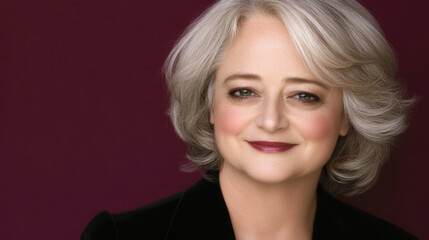 Naklejka premium Elegant portrait of a smiling woman with silver hair and burgundy background
