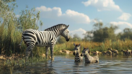A young zebra playfully interacting with other young animals in a habitat setting.