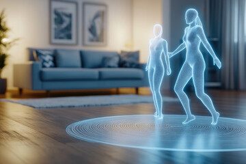Futuristic holographic projection of human figures in modern living room