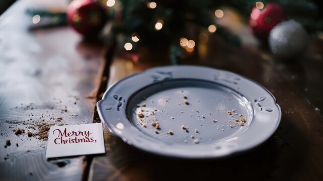 Empty plate with cookie crumbs beside merry christmas card and holiday decor