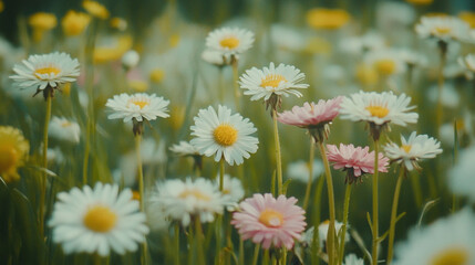 Fototapeta premium A vibrant field of blooming daisies in spring under bright sunlight
