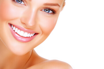 Obraz premium Bright smiling woman with perfect teeth against white background