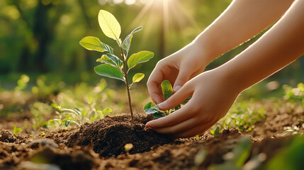Close up of hands planting tree sapling in rich soil, symbolizing growth and renewal in nature. sunlight adds warm, hopeful atmosphere