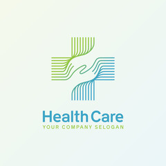 medical healthcare logo design vector symbol cross and hand icon illustration
