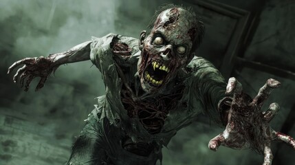 A zombie lunging forward towards a target, teeth bared and arms reaching out menacingly.