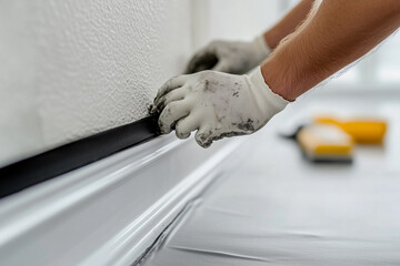 A skilled craftsman wearing gloves carefully installs baseboards in a modern home, showcasing meticulous attention to detail and high-quality workmanship.
