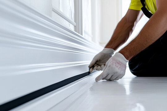 A skilled craftsman wearing gloves carefully installs baseboards in a modern home, showcasing meticulous attention to detail and high-quality workmanship.