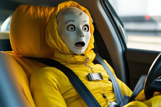 Scared crash test dummy seated in a car simulating safety scenarios in engineering testing environments