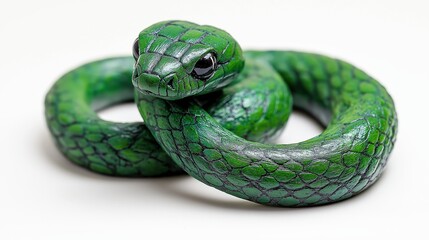 Fototapeta premium A decorative green wooden snake figurine is coiled on a clean white surface, casting soft shadows
